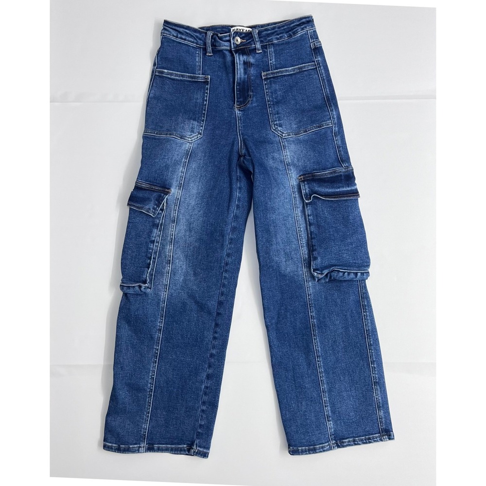 Bayeas Cargo Jeans Women 28 Medium Blue Wide Leg High Rise Utility Pocket
